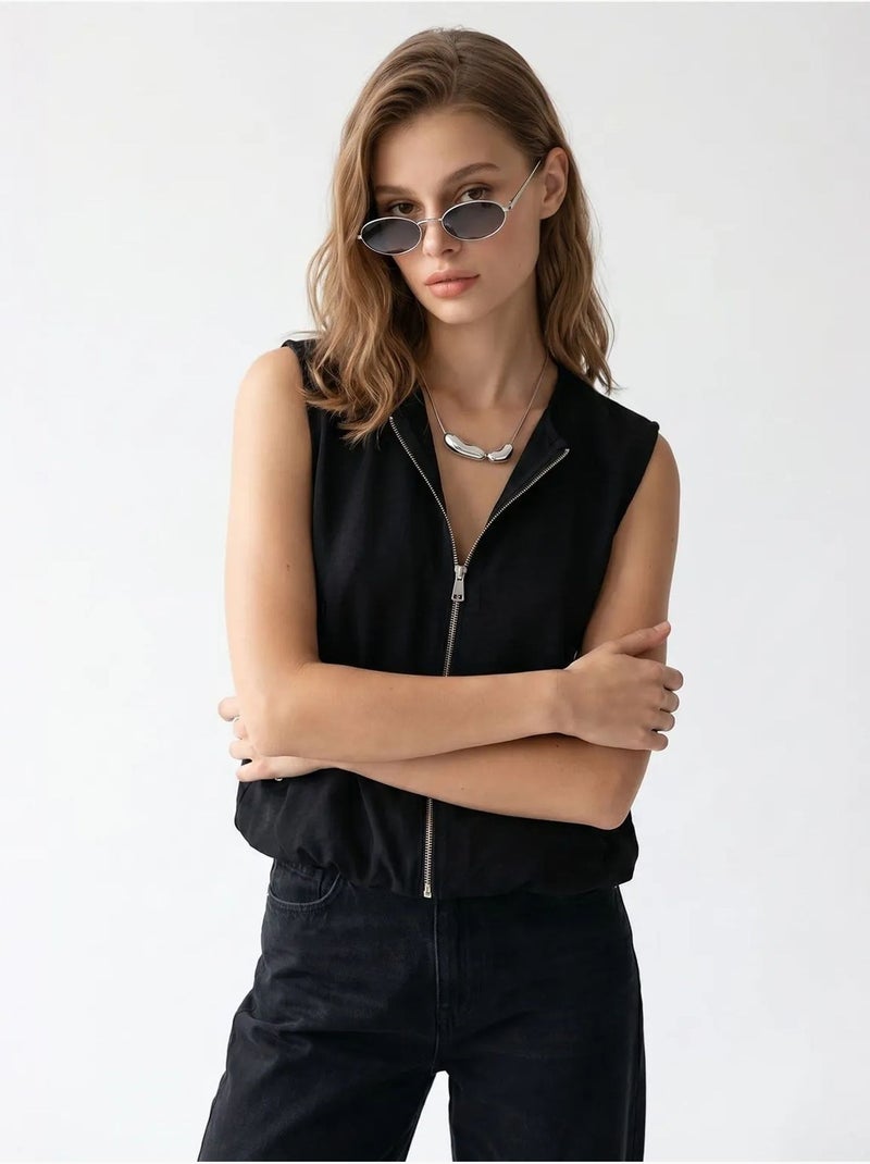 Gilet femme en popeline tissée, fermeture zippée mixray Noir - Kiabi
