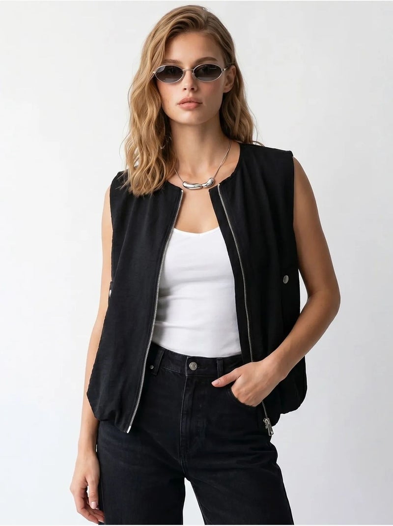 Gilet femme en popeline tissée, fermeture zippée mixray Noir - Kiabi