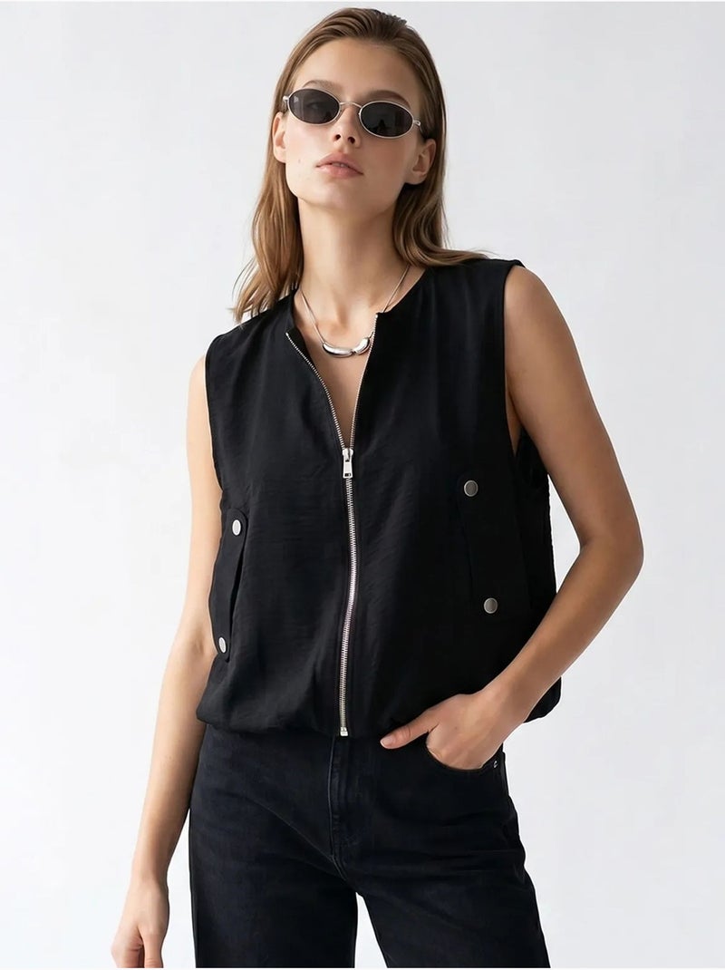 Gilet femme en popeline tissée, fermeture zippée mixray Noir - Kiabi