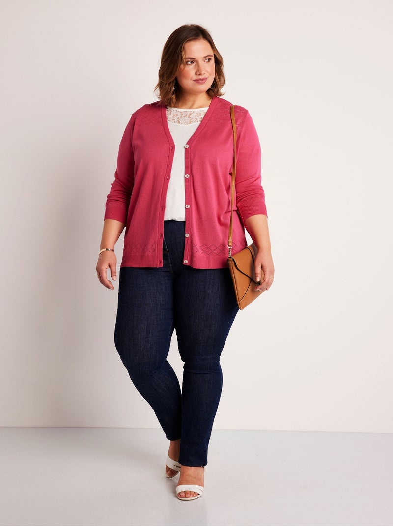 Gilet fin boutonné ajouré - Afibel Rose - Kiabi
