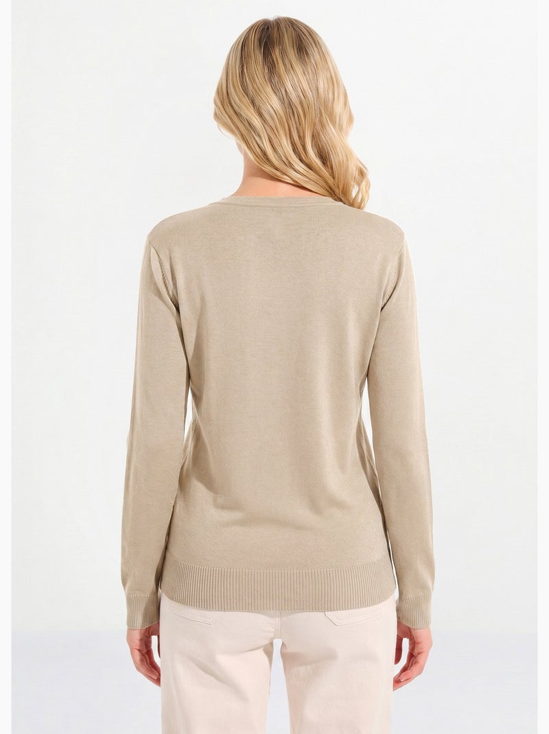 Gilet fin col rond avec laine mérinos - Afibel Beige - Kiabi