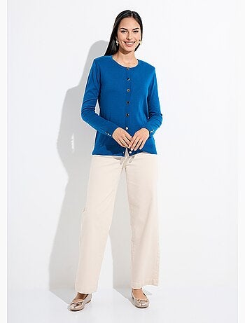 Gilet fin col rond boutonné jersey uni avec laine mérinos - Afibel