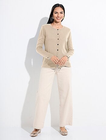 Gilet fin col rond boutonné jersey uni avec laine mérinos