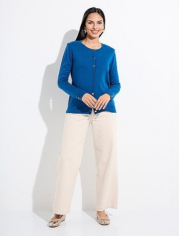 Gilet fin col rond boutonné jersey uni avec laine mérinos