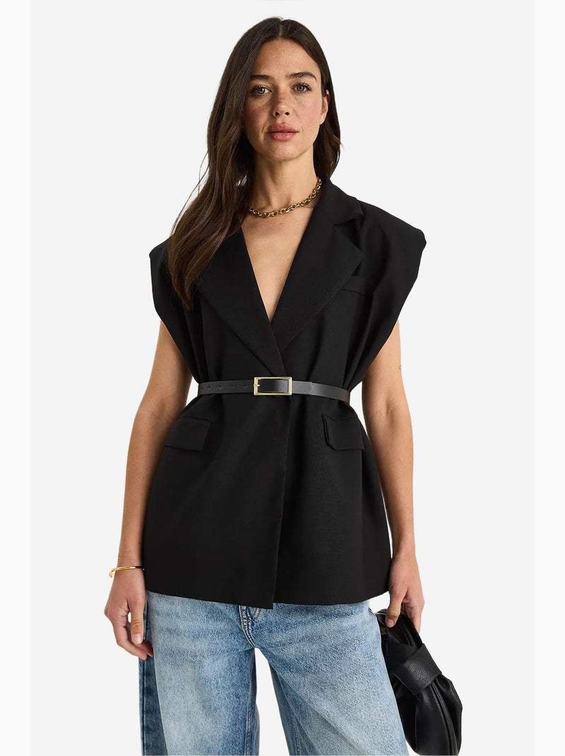 Gilet long à col châle et ceinture lucci Noir - Kiabi