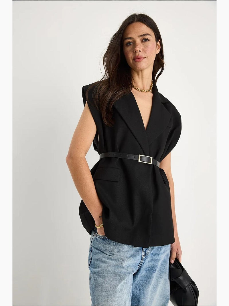 Gilet long à col châle et ceinture lucci Noir - Kiabi