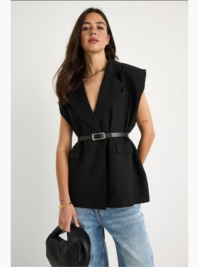 Gilet long à col châle et ceinture lucci Noir - Kiabi