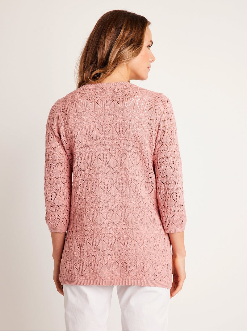 Gilet long ajouré coton manches 3/4 - Afibel Rose - Kiabi