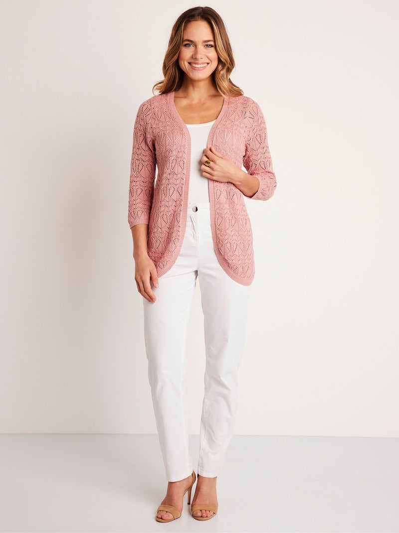 Gilet long ajouré coton manches 3/4 - Afibel Rose - Kiabi