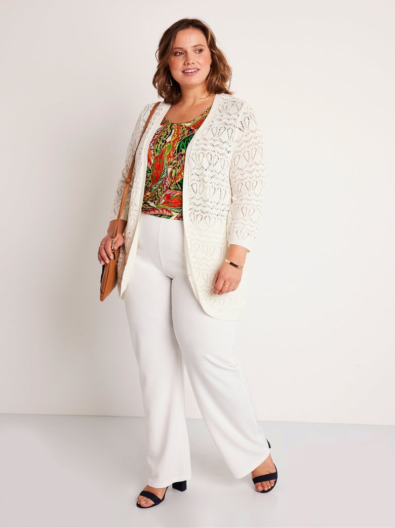 Gilet long ajouré coton manches 3/4 Beige - Kiabi