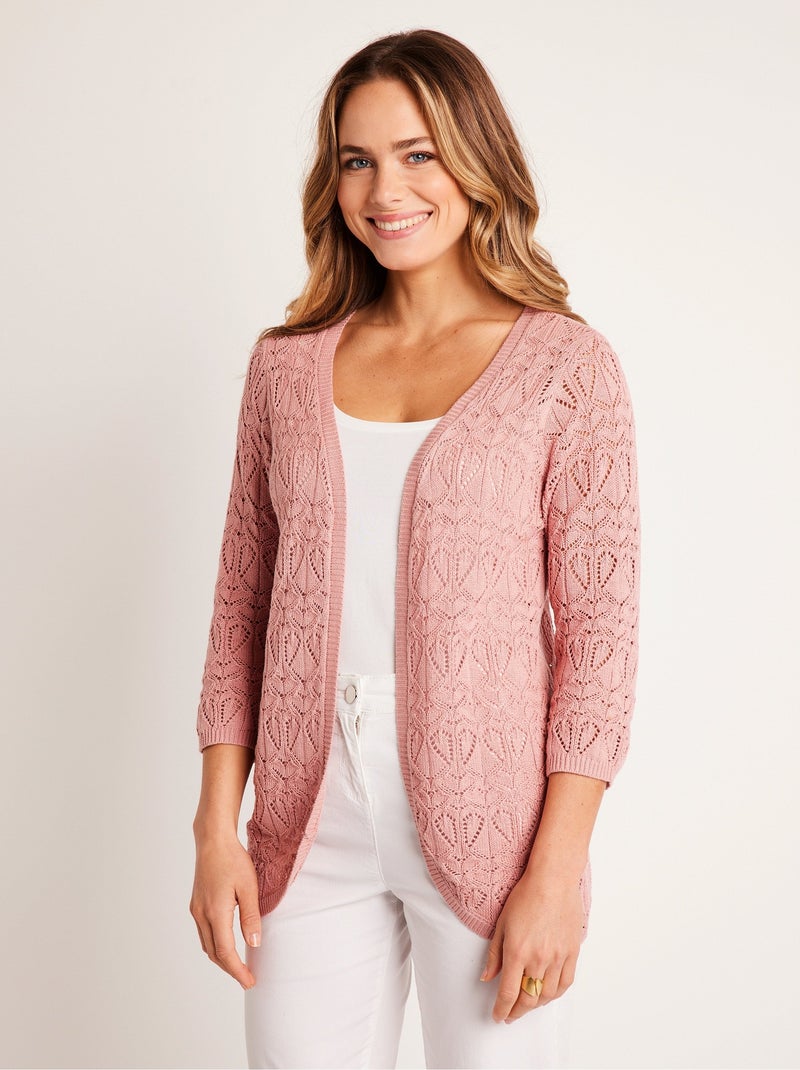 Gilet long ajouré coton manches 3/4 Rose - Kiabi