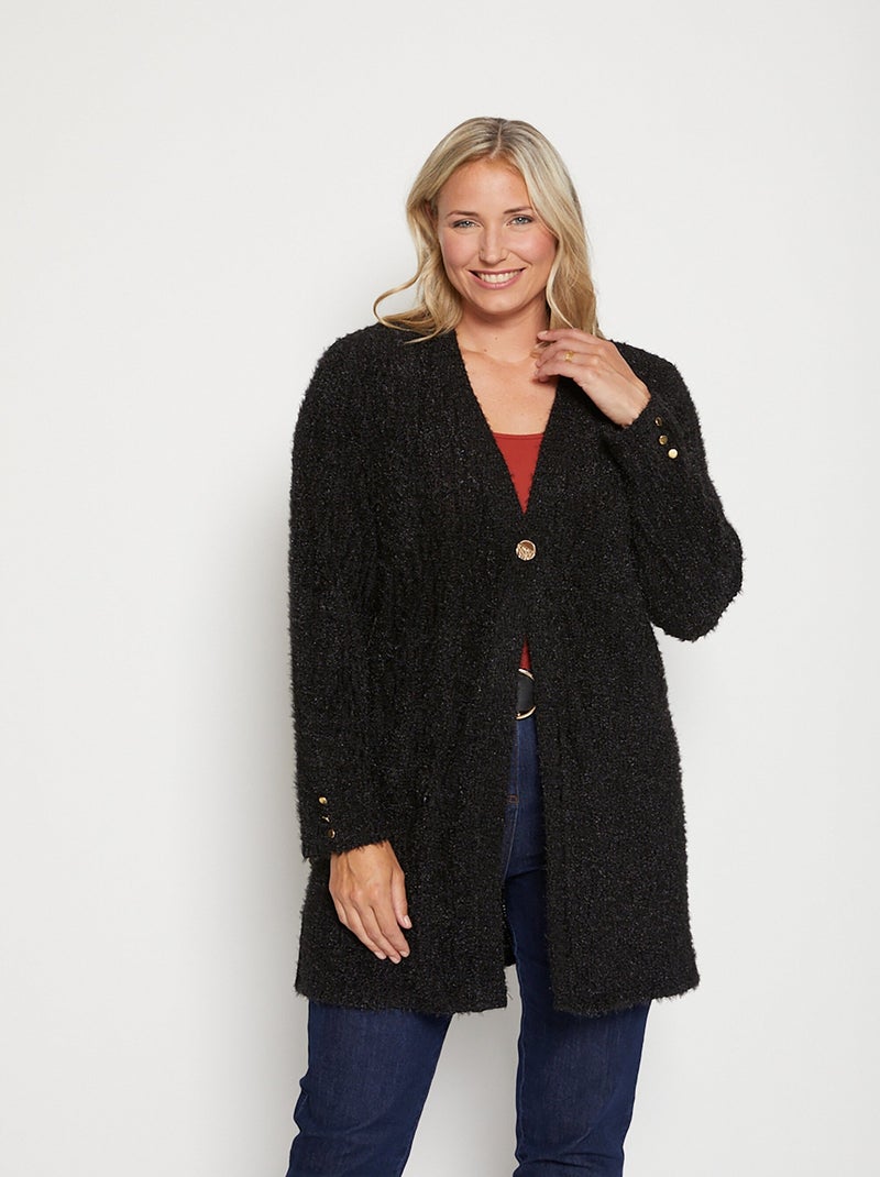 Gilet long ample col V maille scintillante reliefée Noir - Kiabi