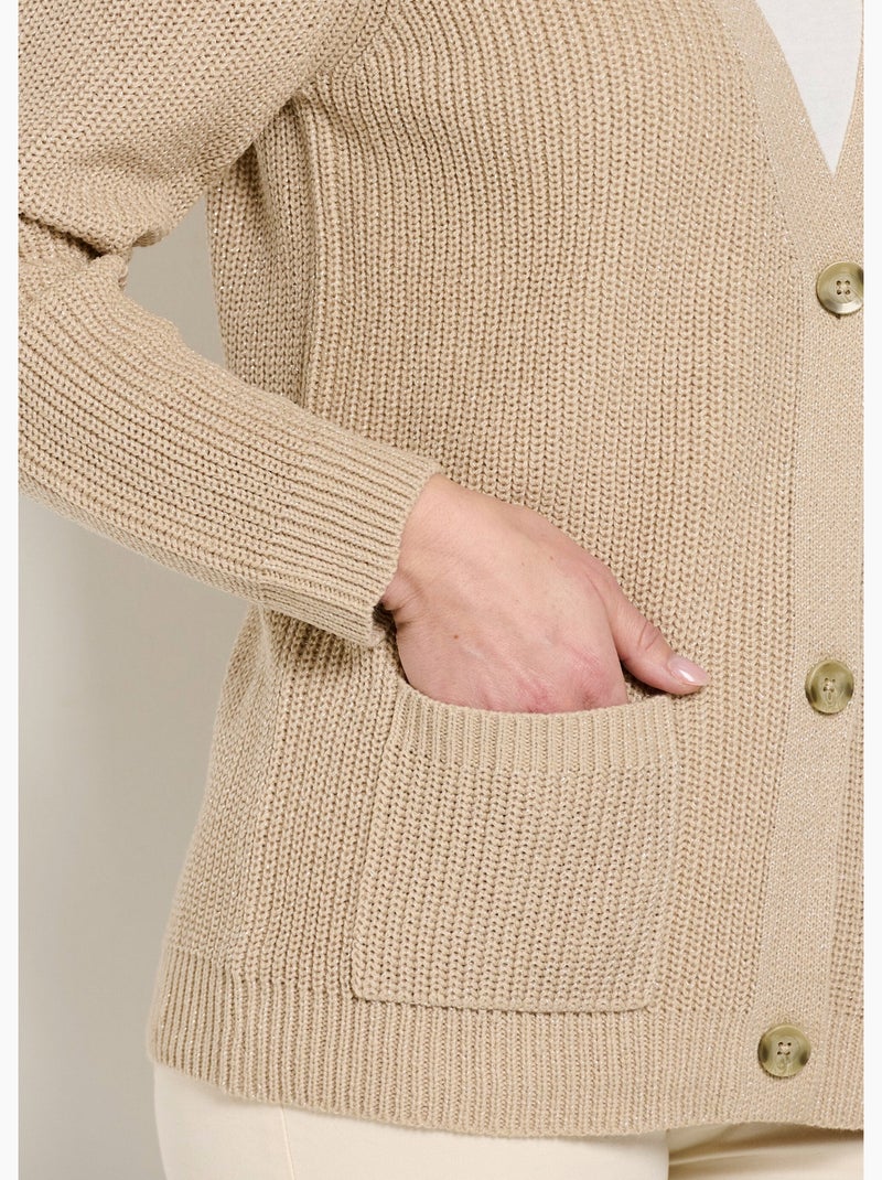 Gilet long boutonné brillant manches longues - Afibel Beige - Kiabi