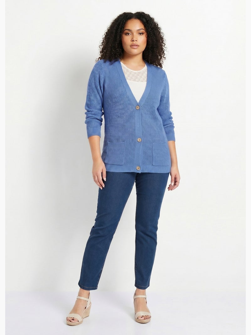 Gilet long boutonné brillant manches longues - Afibel Bleu - Kiabi