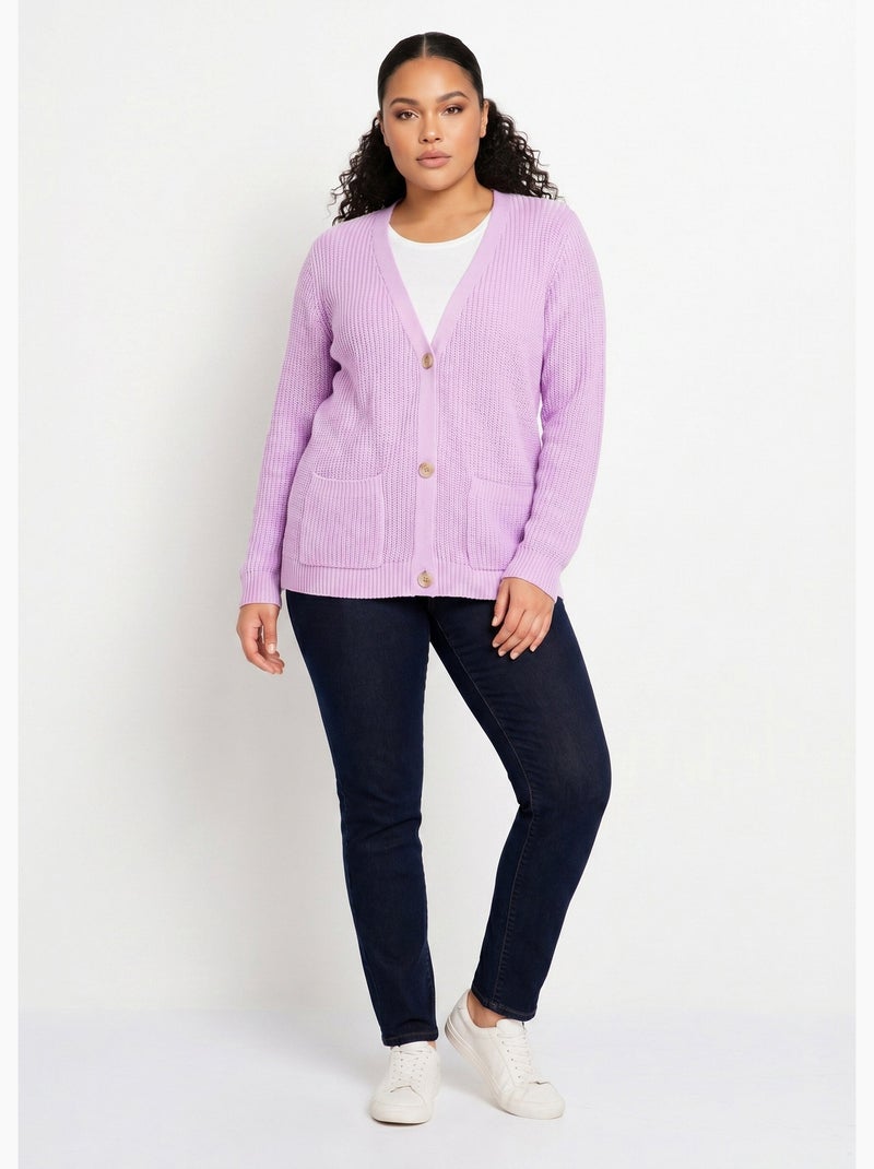Gilet long boutonné brillant manches longues - Afibel Violet - Kiabi