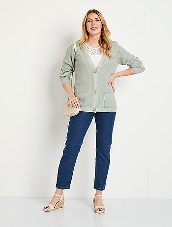 Gilet long boutonné brillant manches longues