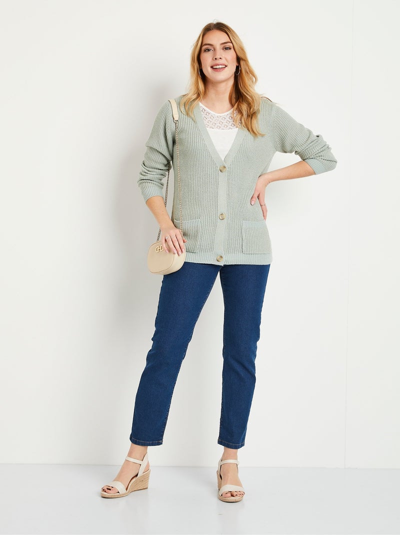 Gilet long boutonné brillant manches longues Menthe - Kiabi