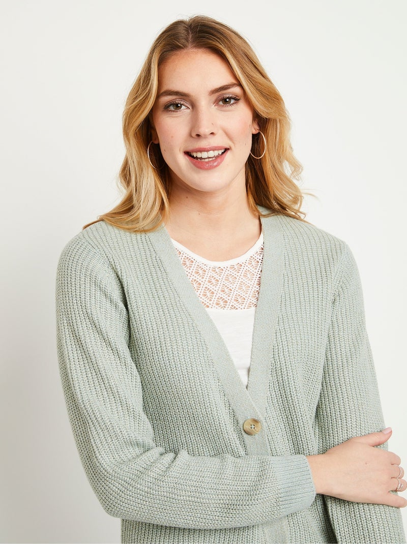 Gilet long boutonné brillant manches longues Menthe - Kiabi