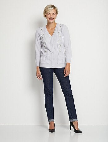 Gilet long boutonné brodé perlé col V - Afibel