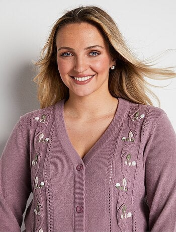 Gilet long boutonné brodé perlé col V - Afibel