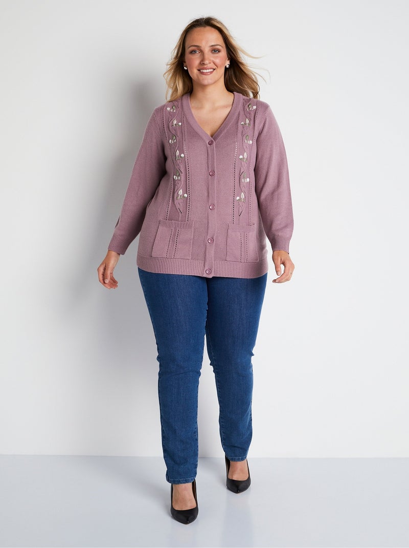 Gilet long boutonné brodé perlé col V - Afibel Violet - Kiabi
