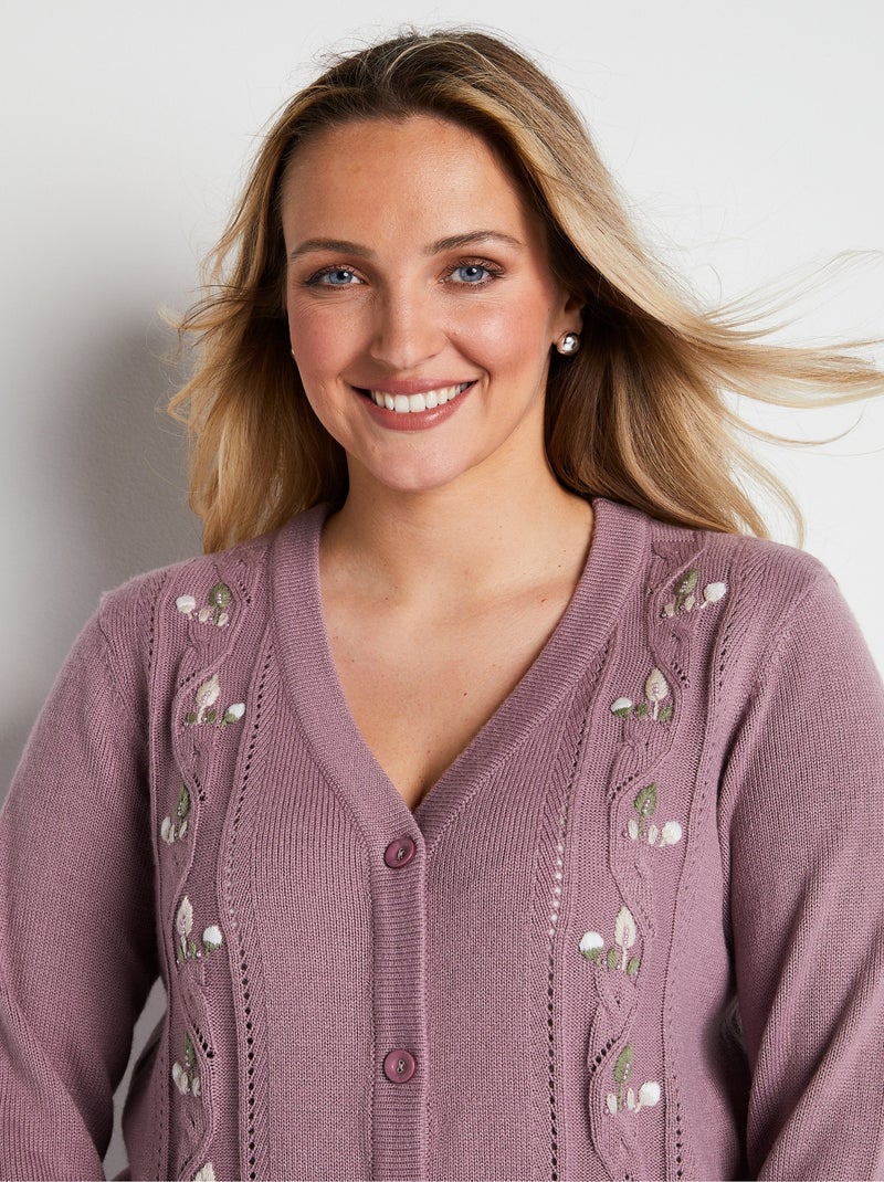 Gilet long boutonné brodé perlé col V - Afibel Violet - Kiabi