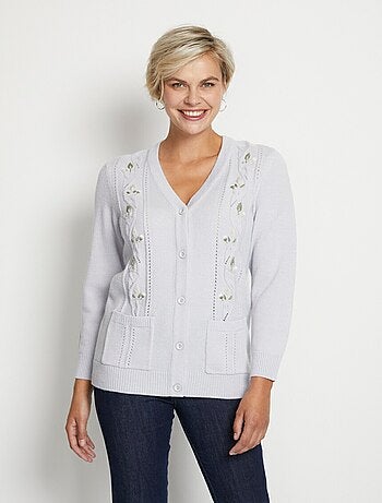 Gilet long boutonné brodé perlé col V