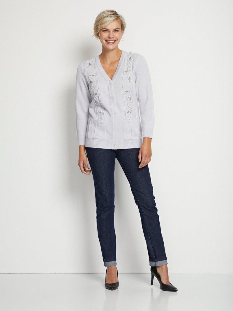 Gilet long boutonné brodé perlé col V Argent - Kiabi