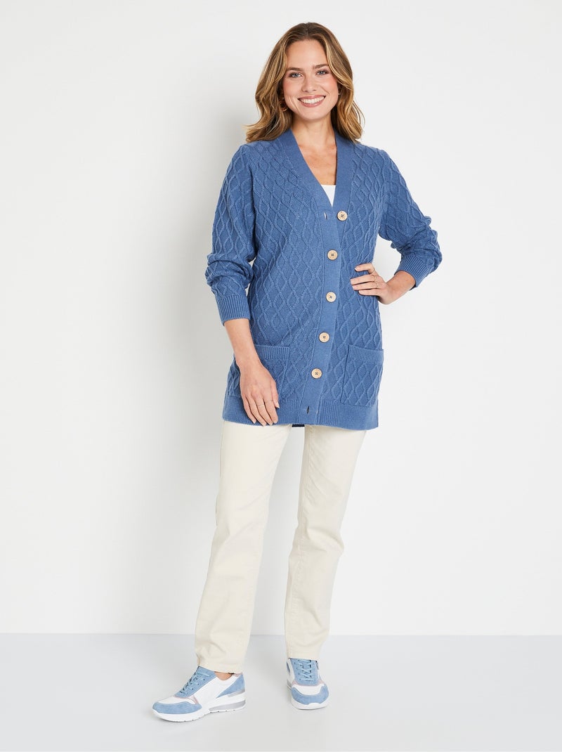 Gilet long boutonné torsades col V - Afibel Bleu - Kiabi