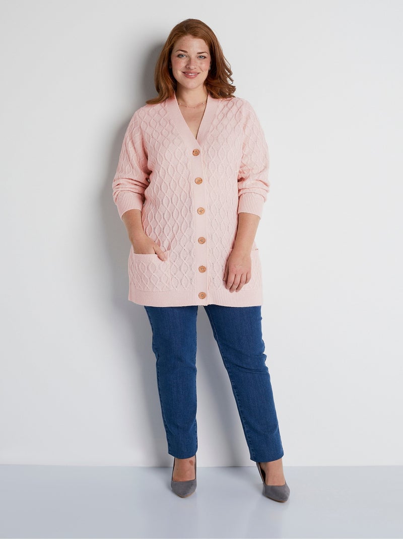 Gilet long boutonné torsades col V - Afibel Rose - Kiabi