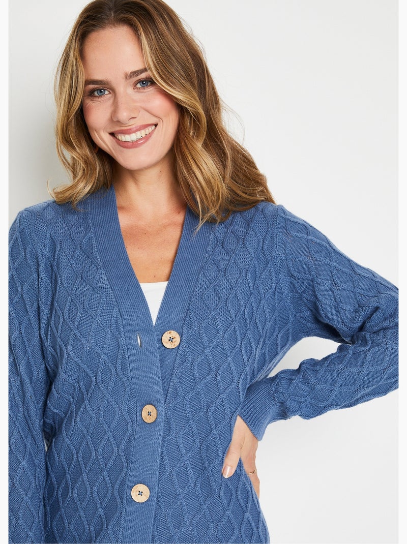 Gilet long boutonné torsades col V Bleu - Kiabi