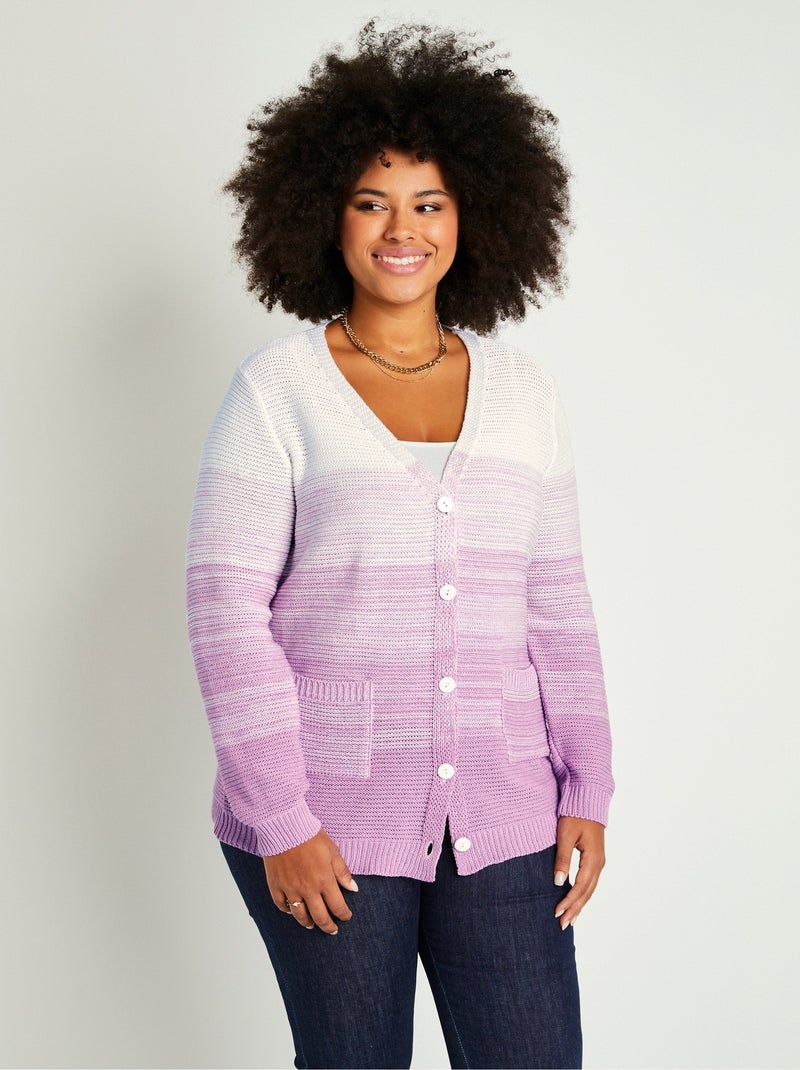 Gilet long col V boutonné coton Blanc Violet clair - Kiabi