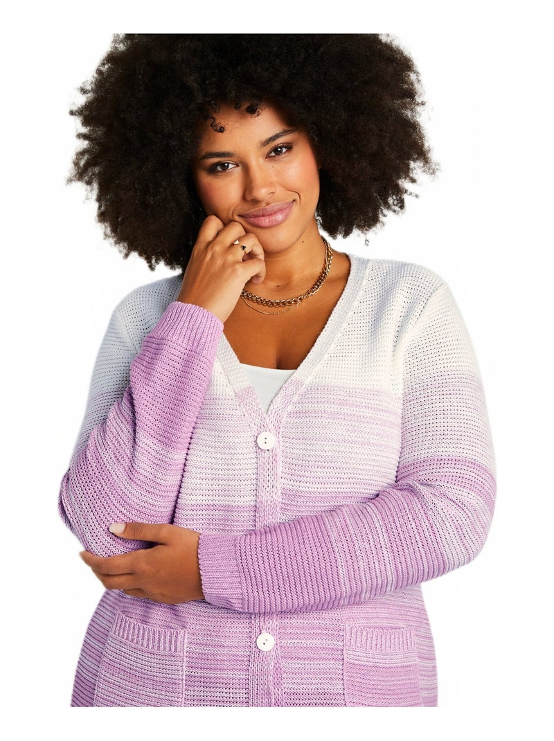 Gilet long col V boutonné coton Blanc Violet clair - Kiabi