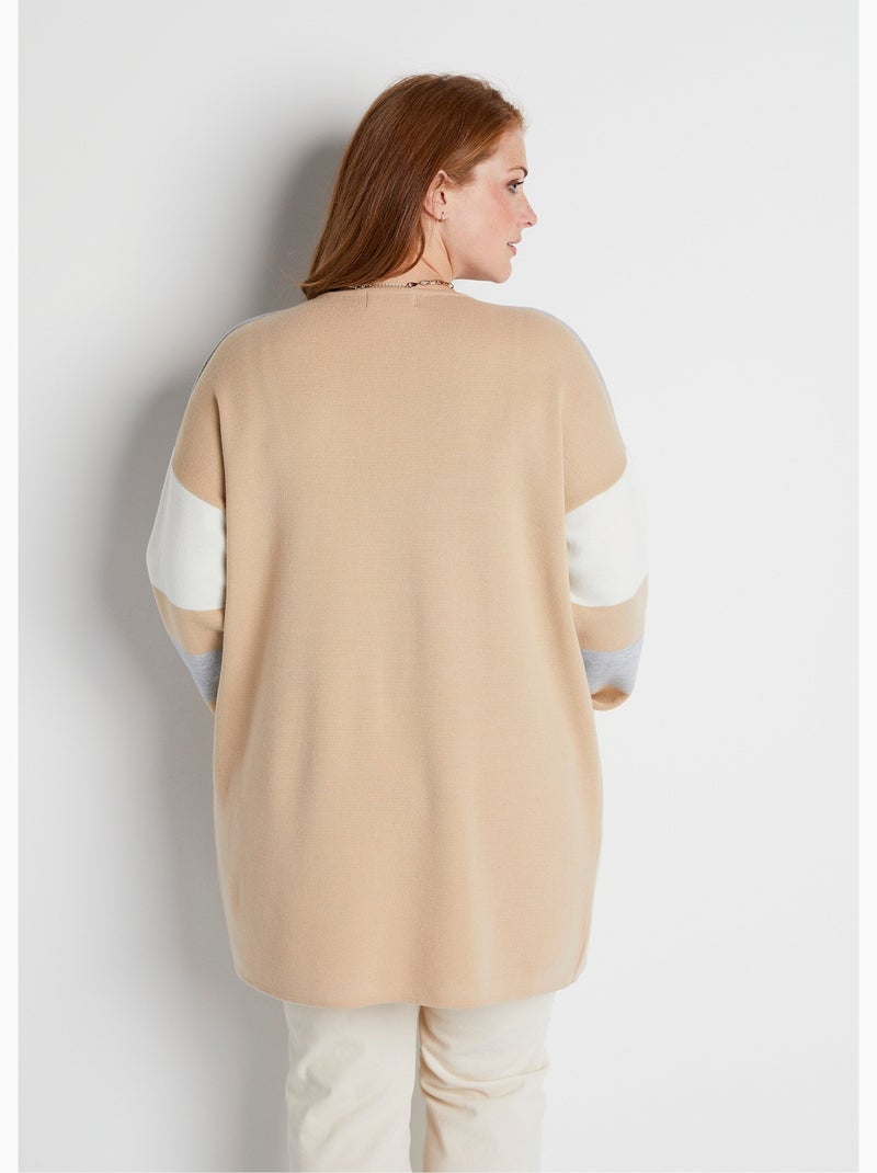 Gilet long col V jacquard rayé Beige - Kiabi