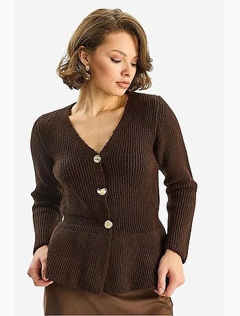 Gilet long côtelé à manches longues et col en v avec boutons lucci