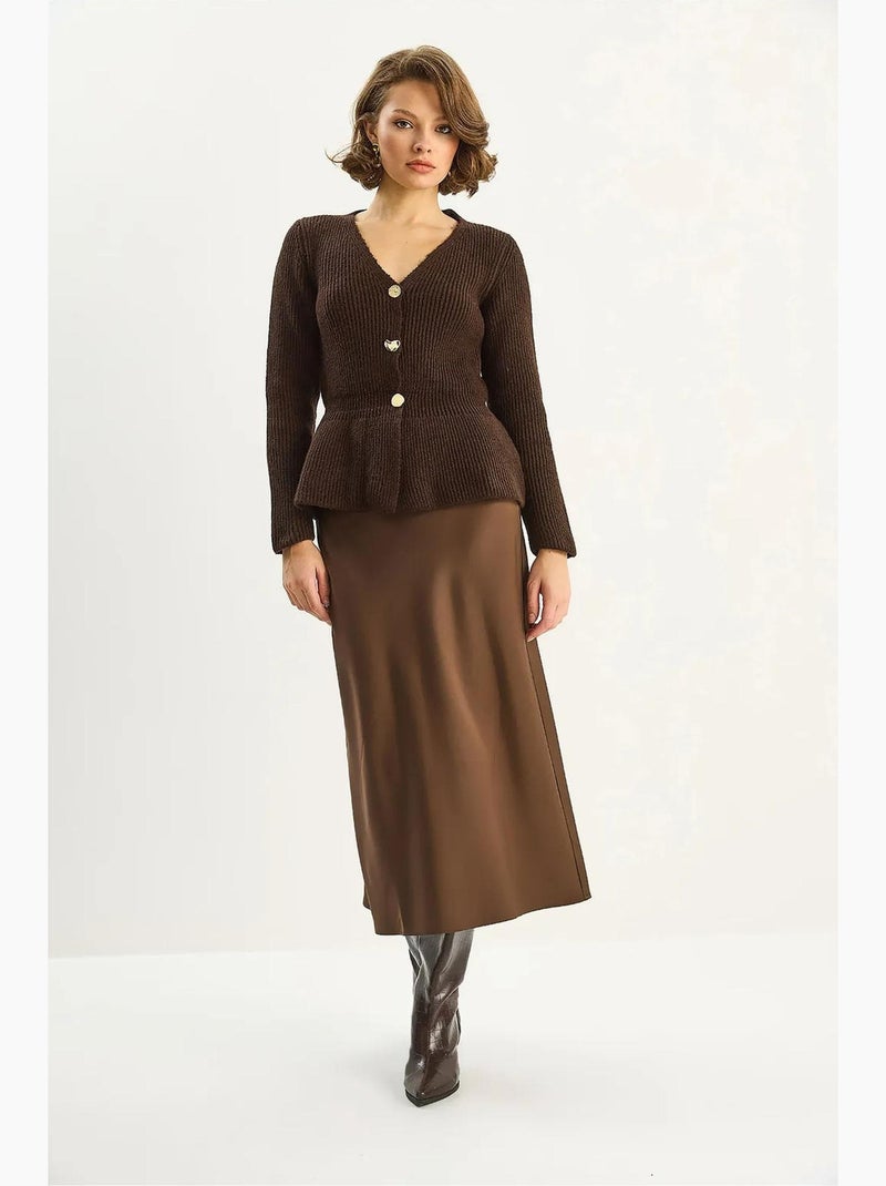 Gilet long côtelé à manches longues et col en v avec boutons lucci Marron foncé - Kiabi