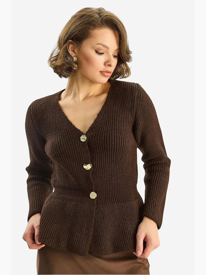 Gilet long côtelé à manches longues et col en v avec boutons lucci Marron foncé - Kiabi