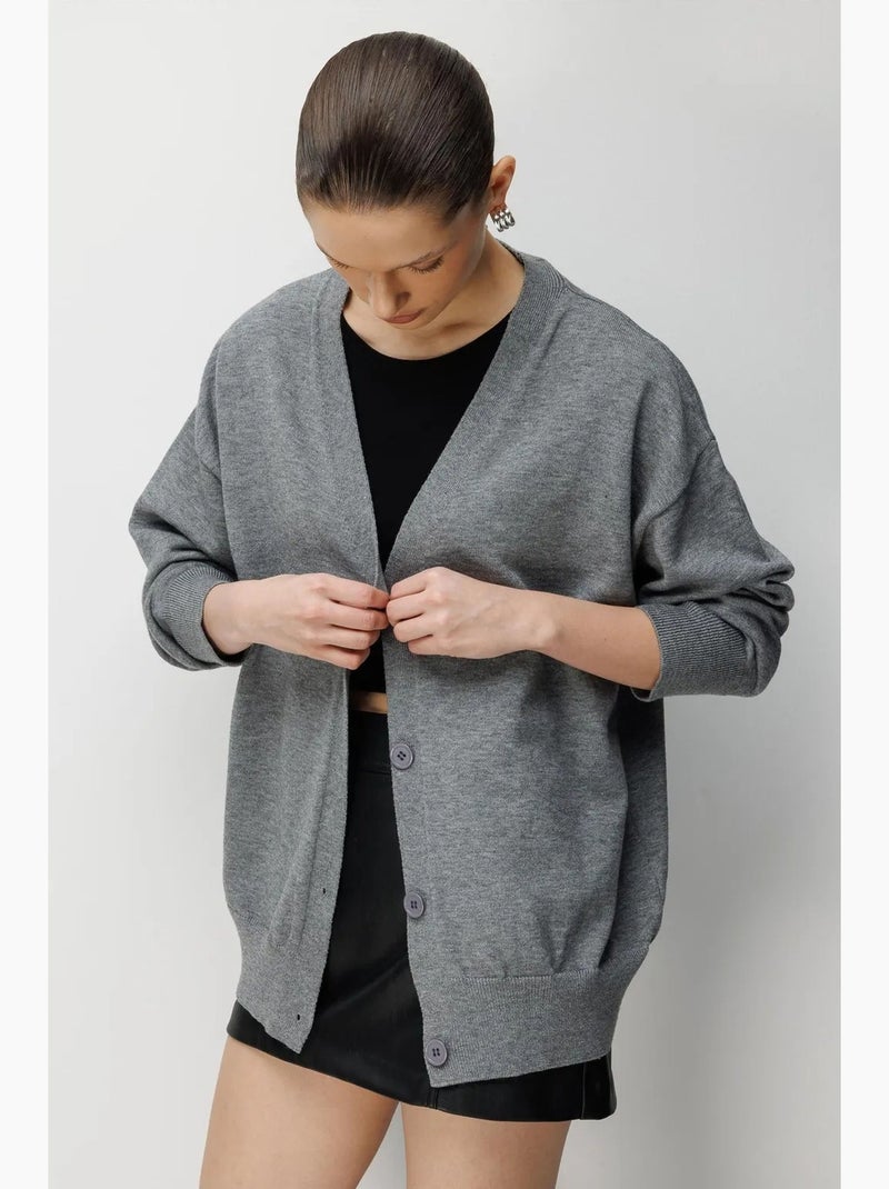Gilet long côtelé avec col en v et fermeture boutonnée mixray Gris foncé - Kiabi