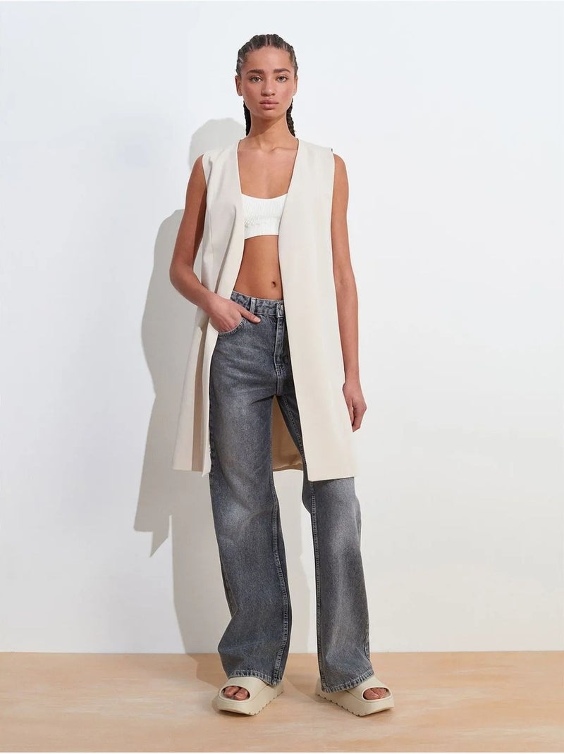 Gilet long en crêpe tissée avec découpe dilvin Crème - Kiabi