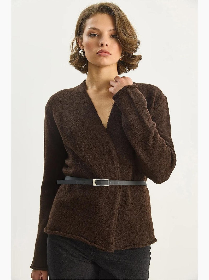 Gilet long en maille côtelée à col en v lucci Marron foncé - Kiabi