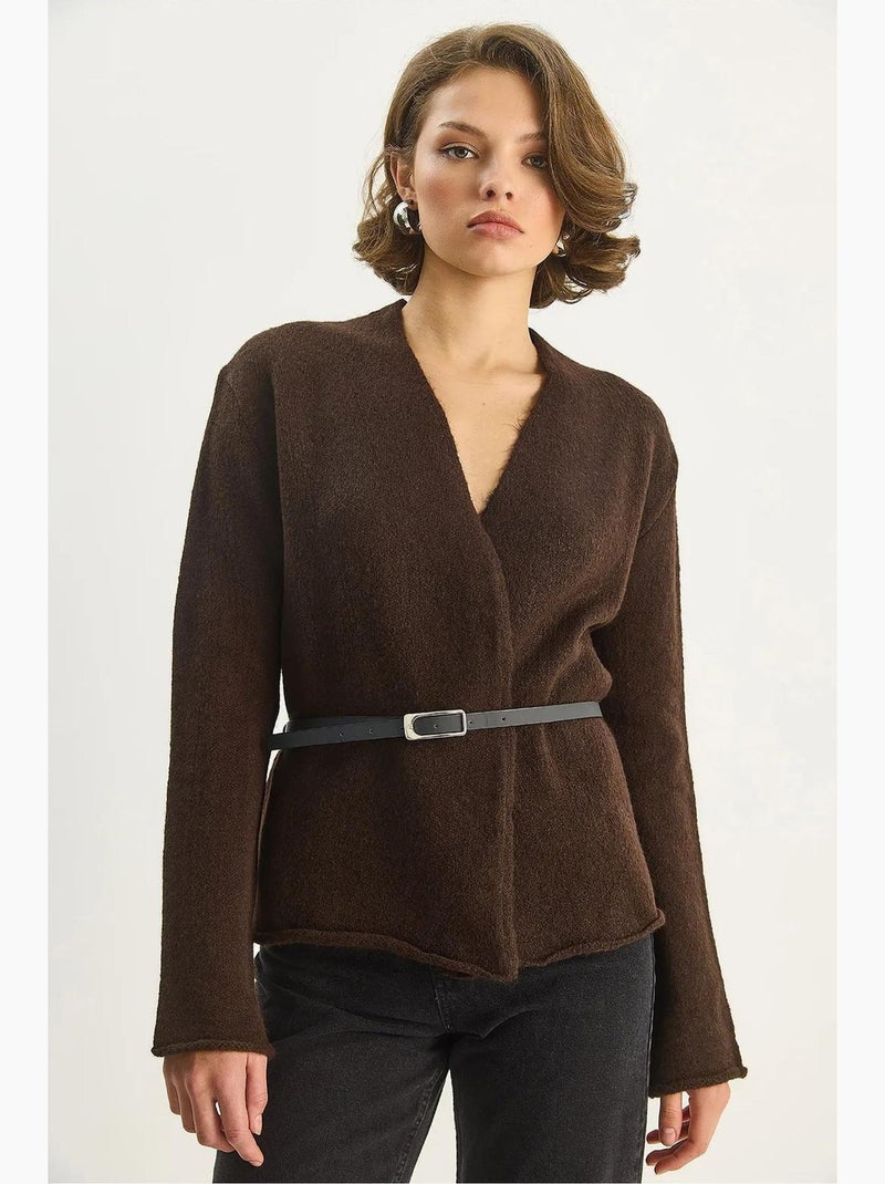 Gilet long en maille côtelée à col en v lucci Marron foncé - Kiabi