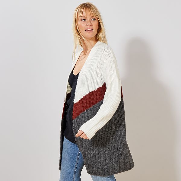  Gilet  long en maille perl e Femme  blanc brique  gris 