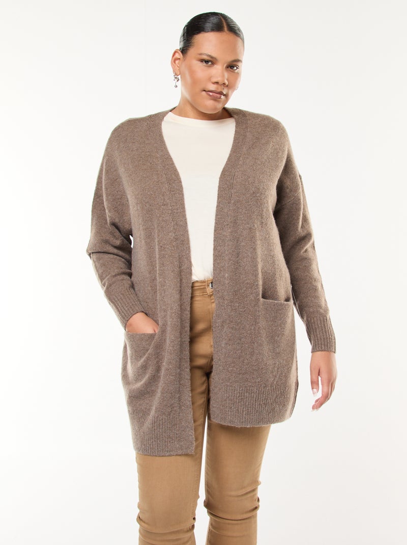 Gilet long en maille tricot avec poches Marron Grandes