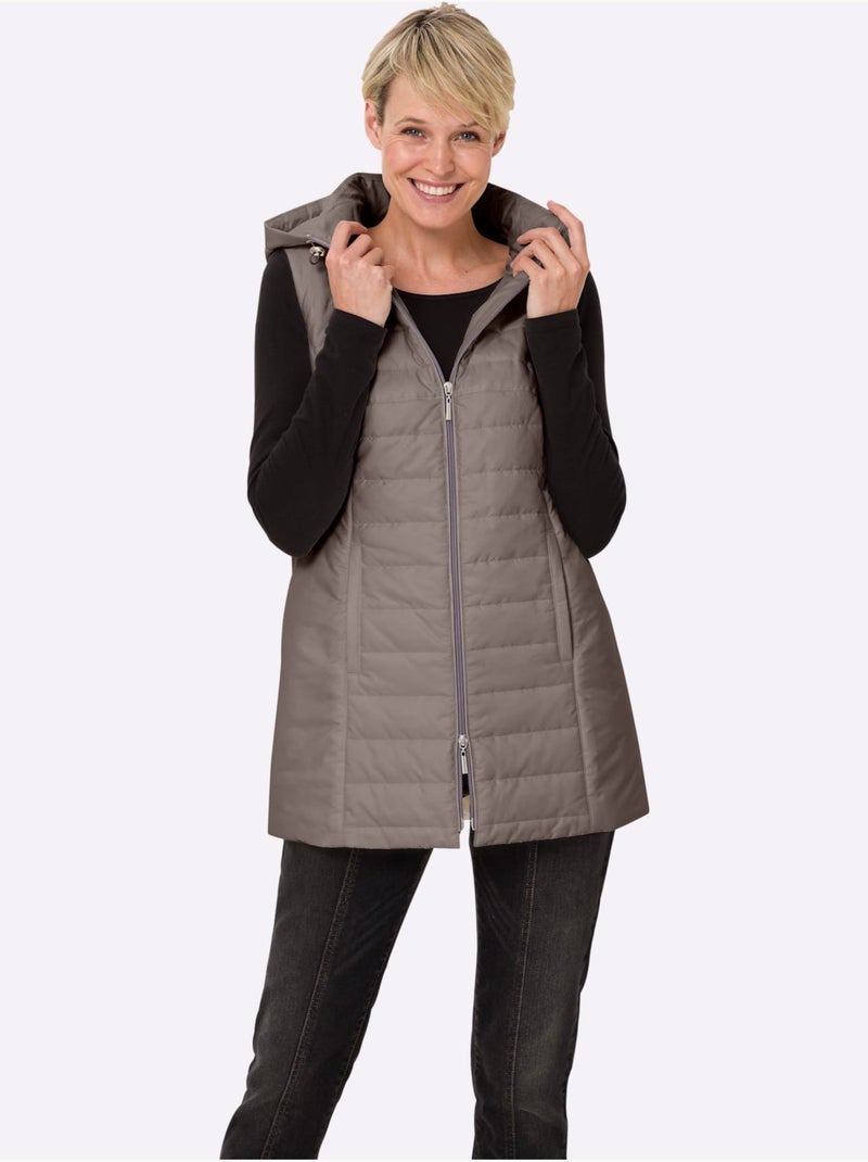 Gilet long matelassé à capuche et poches raglan - taille standard - moda vilona Gris taupe - Kiabi