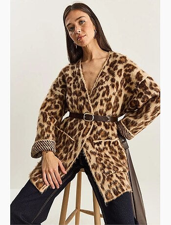 Gilet long oversize à imprimé léopard et poches lucci