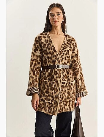 Gilet long oversize à imprimé léopard et poches lucci