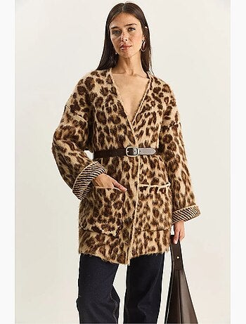 Gilet long oversize à imprimé léopard et poches lucci