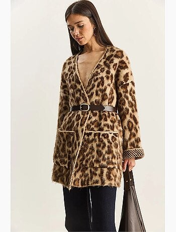 Gilet long oversize à imprimé léopard et poches lucci