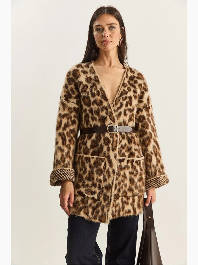 Gilet long oversize à imprimé léopard et poches lucci Marron chocolat - Kiabi