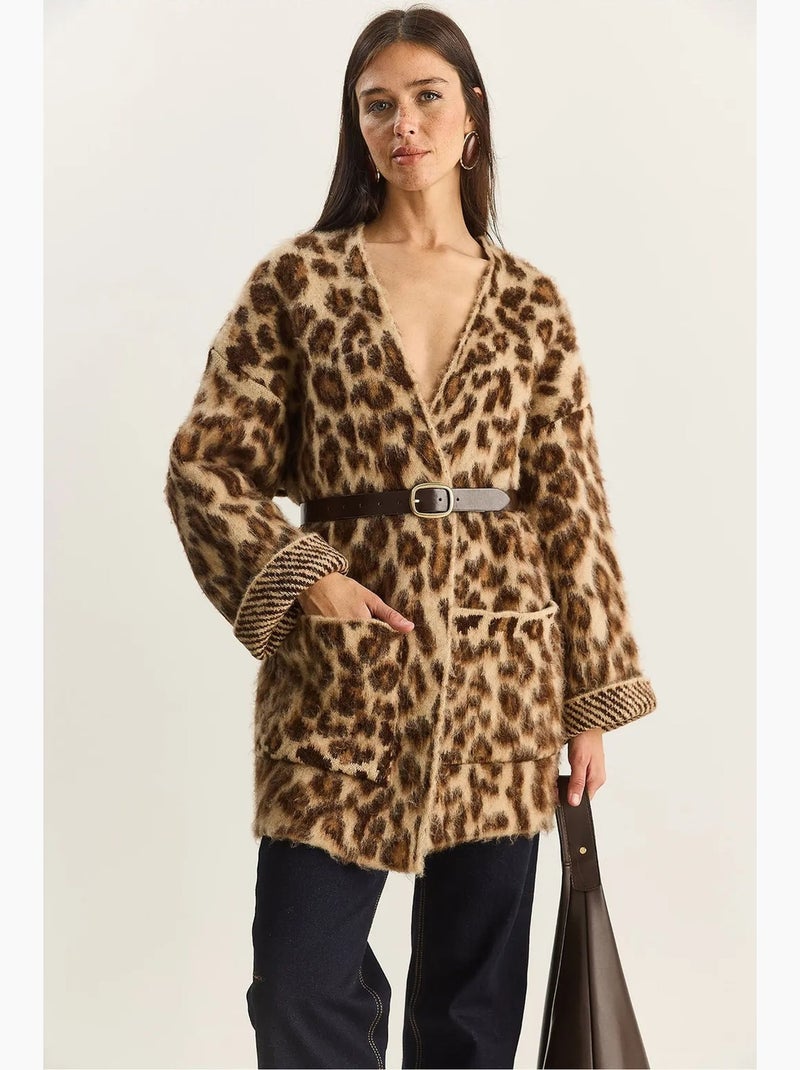 Gilet long oversize à imprimé léopard et poches lucci Marron chocolat - Kiabi